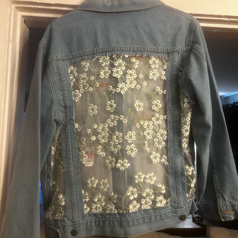 Women's Blue Denim Jacket with Floral Lace Back